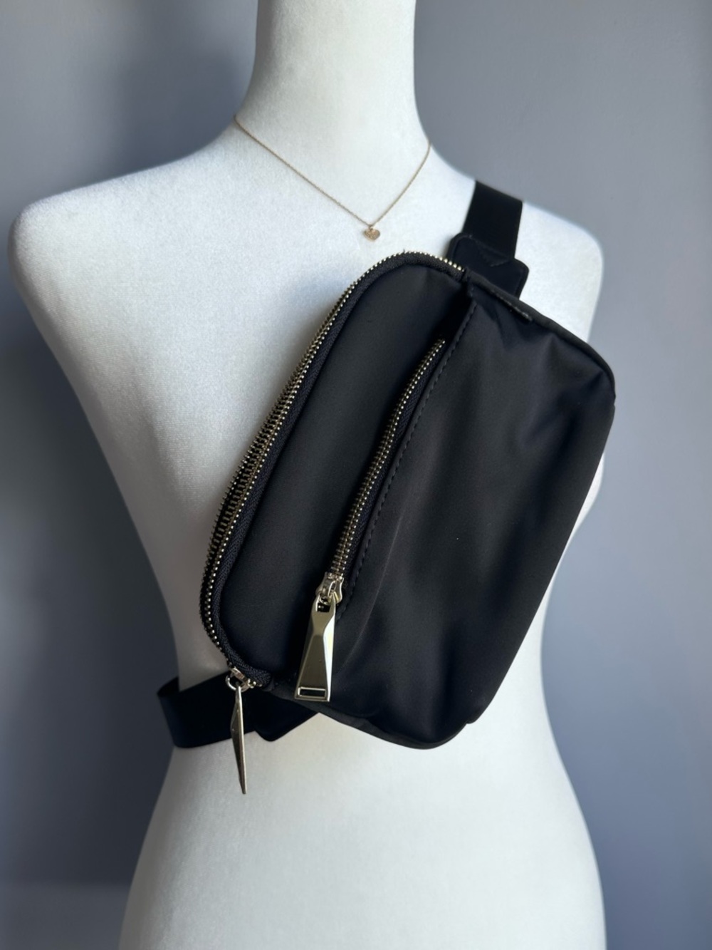 Black Nylon Crossbody Fanny Pack with Gold Hardware